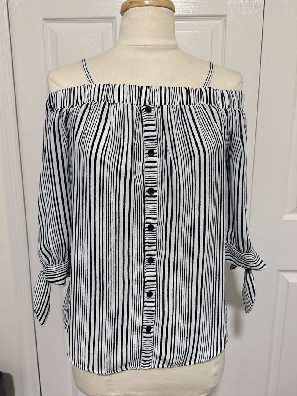 Iz Byer Black & White Striped Off-Shoulder Blouse